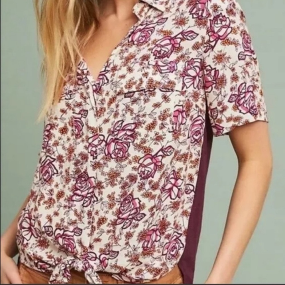 Anthropologie Tee Shirt Rose Pattern Pink Purple Small